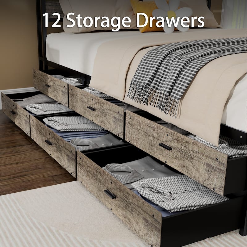 Retro Storage Bed with 12 Storage Drawers and Panel Headboard Built-in Charging Station, Metal Slats Support Platform Bed Frame