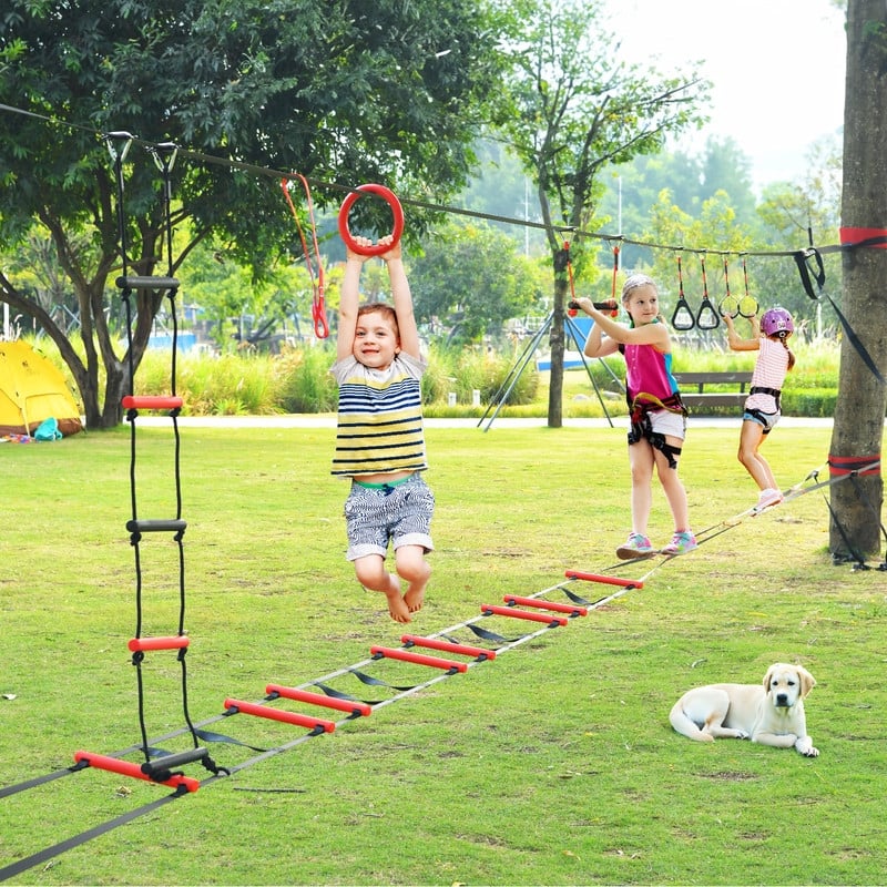 50ft Ninja Warrior Obstacle Course for Kids with Ladder Bridge & 8 Obstacles for Backyard Outdoor