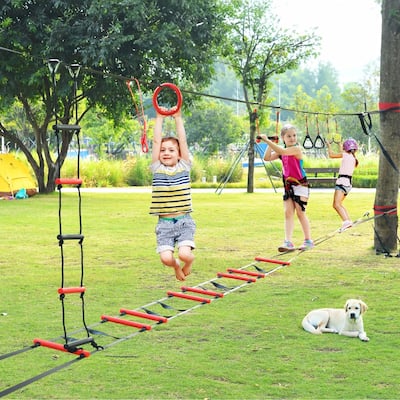 50ft Ninja Warrior Obstacle Course for Kids with Ladder Bridge & 8 Obstacles for Backyard Outdoor