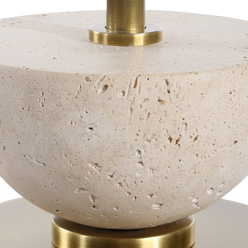 Buffet Lamp with Two Travertine Half Spheres - 36.5" - Brass Finish