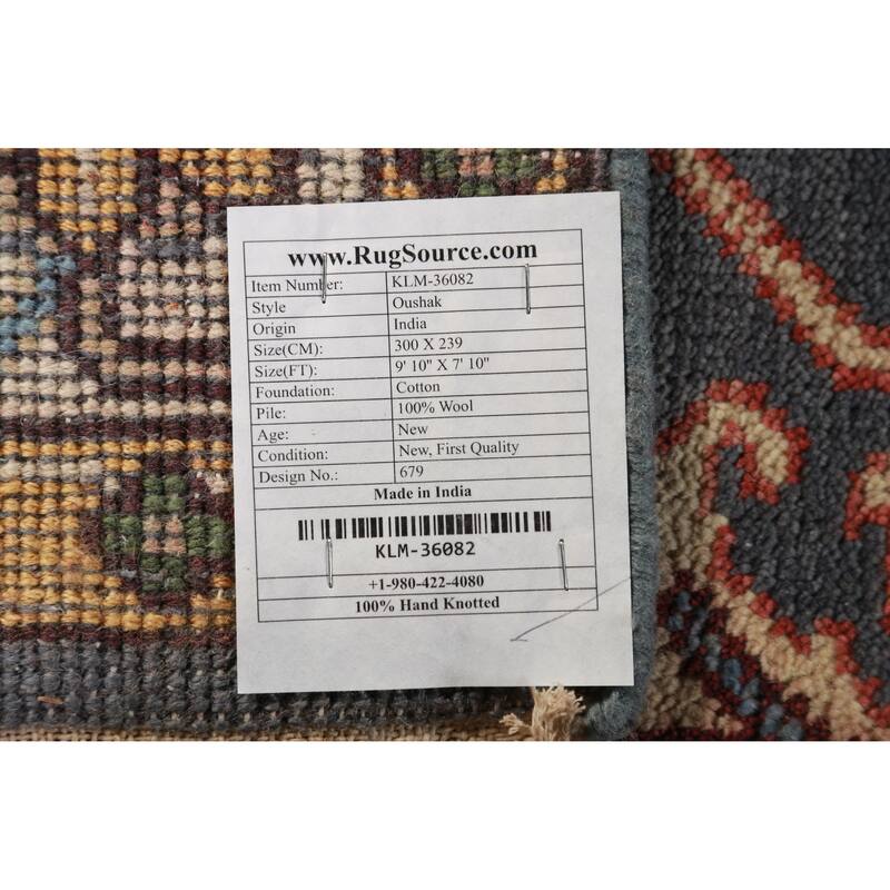 Gray Blue Geometric Oushak Oriental Area Rug Hand-Knotted Wool Carpet - 7'10" x 9'10"