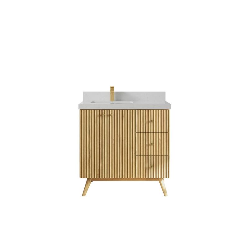 Willow Collections 36 in. W x 22 in. D Pasadena Solid Teak Left Offset Sink Bathroom Vanity with Countertop - 2"Carrara Quartz - Light Natural