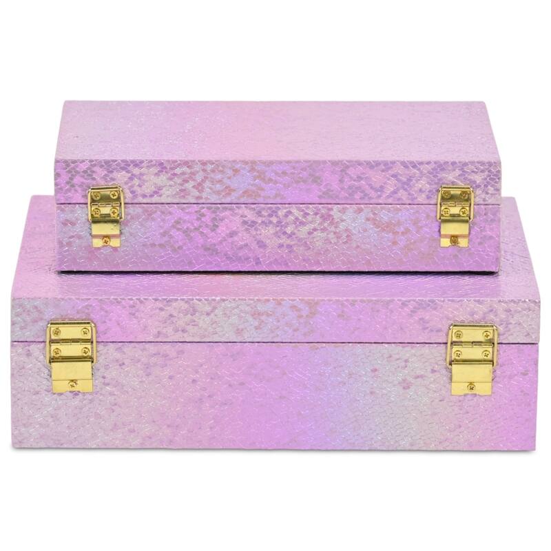 Nimue Set of 2 Rectangular Decorative Storage Boxes - Prismatic Fish Scale Pattern with Gold Hardware