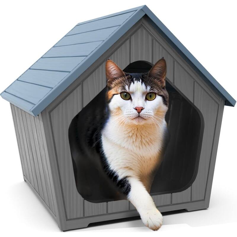 Grey Blue Cottage Cat House - Blue Brown