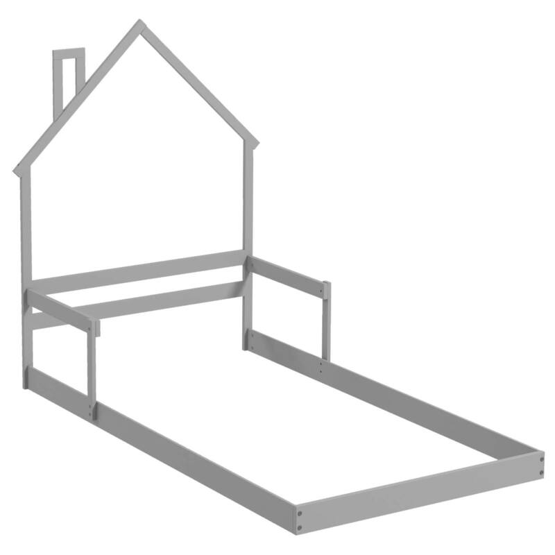 Costway Twin Size Floor Bed for Kids with Chimney Headboard & Handrail - Grey