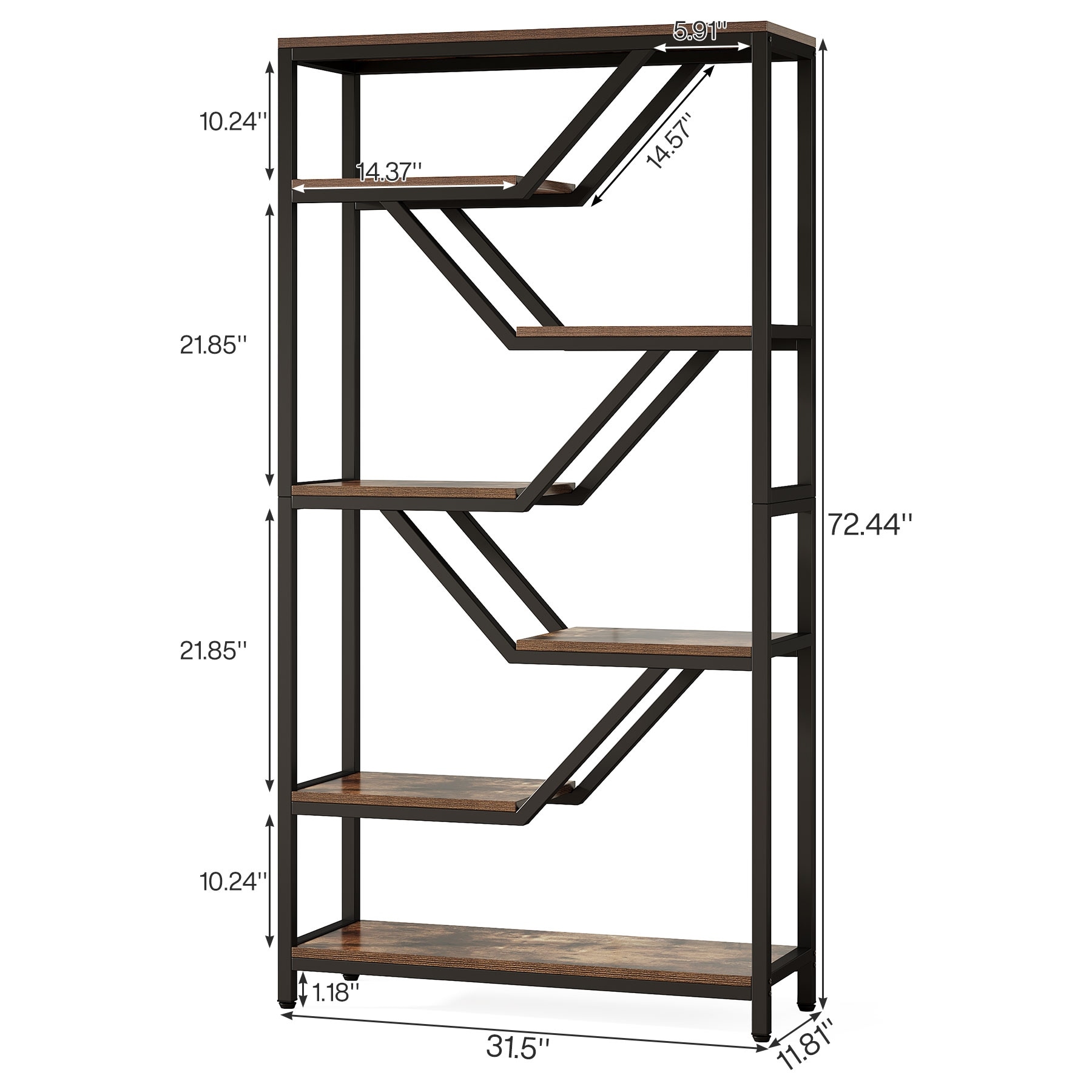 6-Tier Bookshelf, 72-Inch Tall Industrial Open Storage Organizer