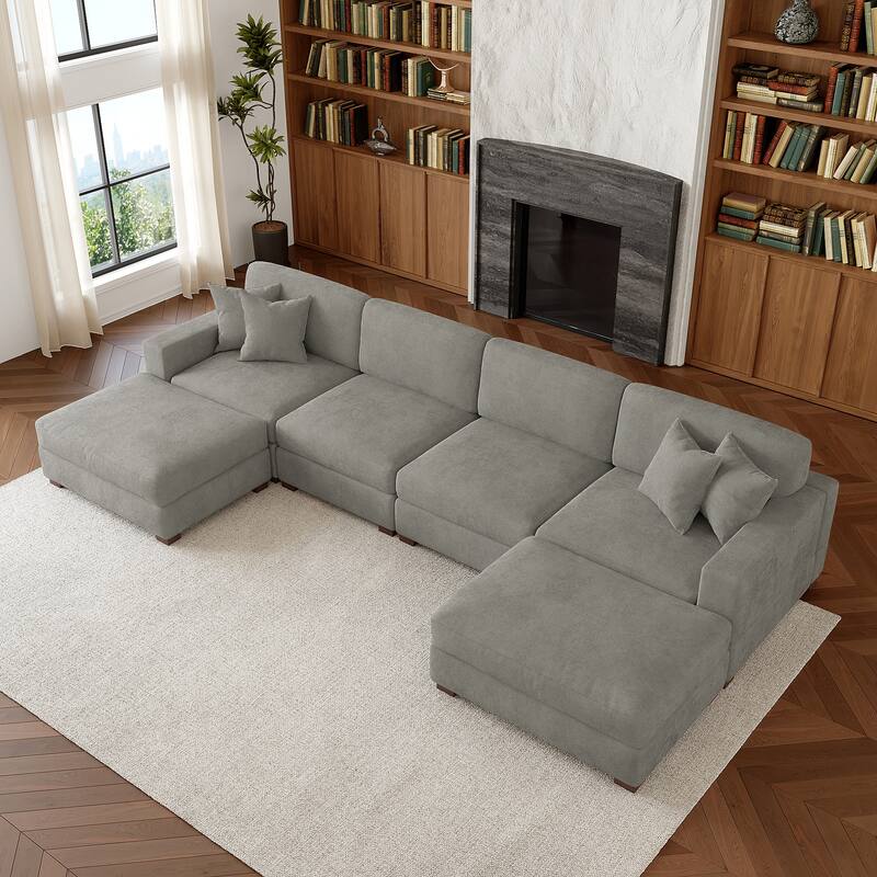 Oversized Chenille Modular Sectional Sofa Conversation Set with 2 Ottomans - Grey/6 Piece