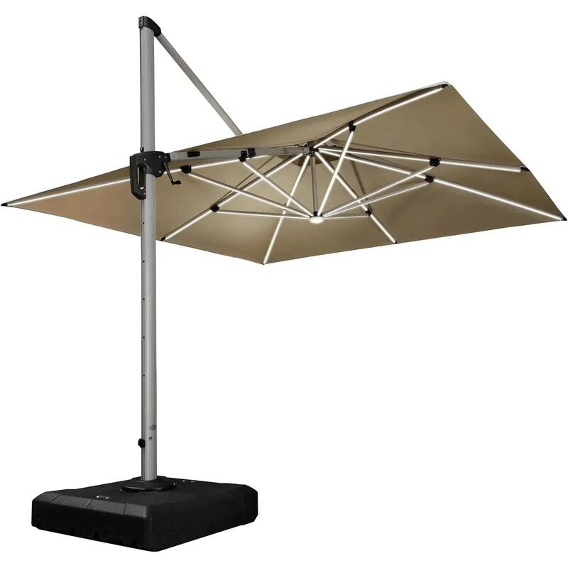 PURPLE LEAF 9/10/11 ft Square 09x12 ft Rectangle Double Top LED Patio Cantilever Umbrella with Base - 11ftBeige
