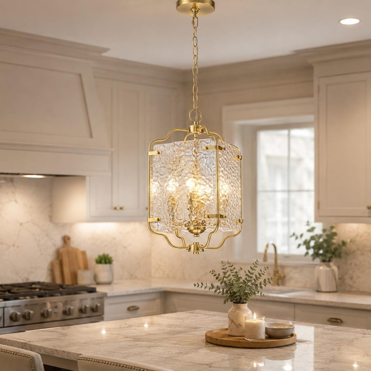 4-Light Gold Lantern Pendant Light Hammered Glass Kitchen Island - Dia.10-in