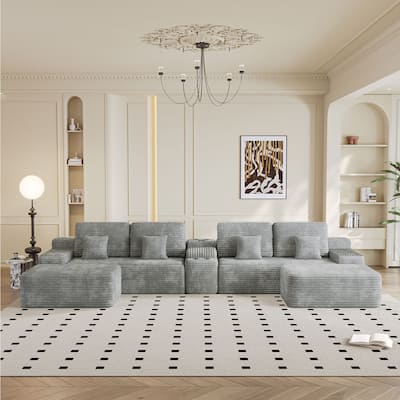 Corduroy Sectional Sofa with Ottomans, Console Table with Storage Box, Charging Station, Cup Holders and Bluetooth Speaker
