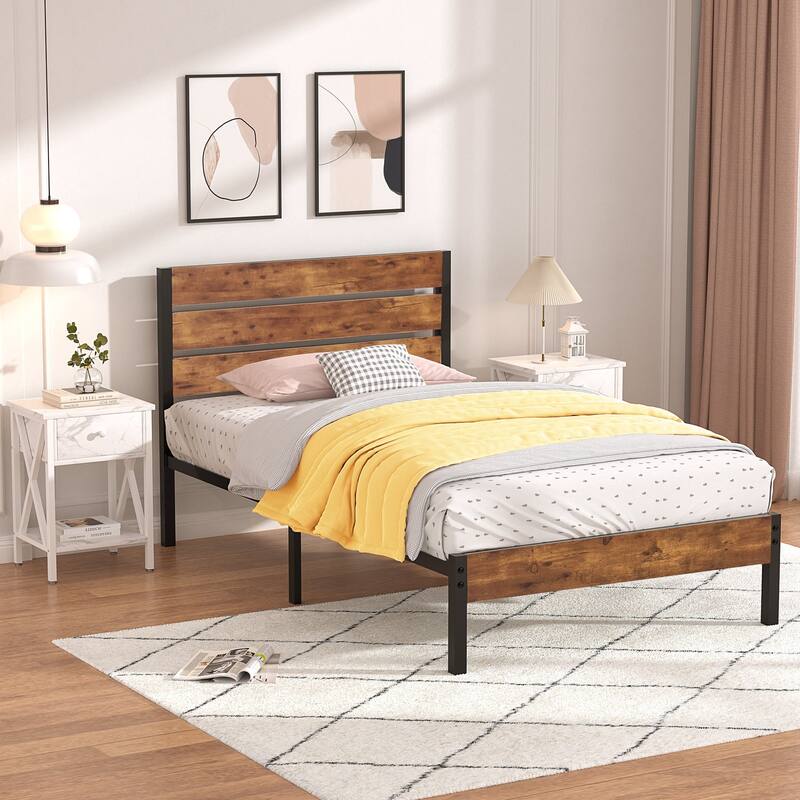3-Pieces Bed Frame with Wood Headboard and Modern Nightstands Set of 2