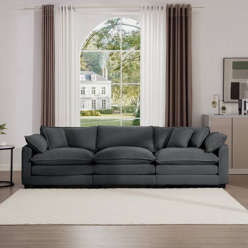 GDFStudio-Shanks Corduroy Three-Seater Sofa with Arm and Throw Pillows - Grey