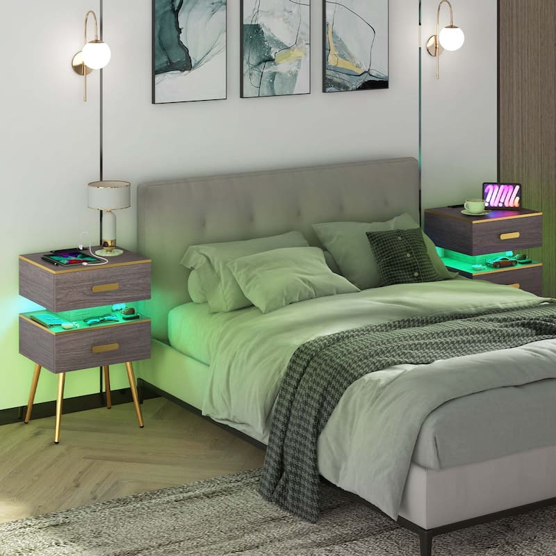 Costway 1/2 PCS Nightstand with Charging Station Bedside Sofa Side