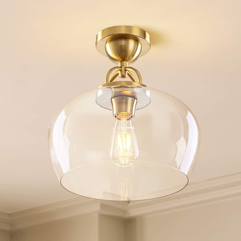 1-Light Modern Metal & Glass Flush Mount with Transparent Open Flat-Ball Shade for Bedroom - 11.8 in. W x 13 in. H