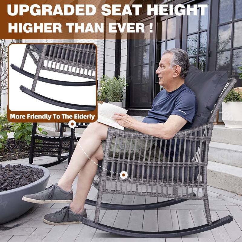 VEIKOUS 3-Piece Outdoor Wicker Patio Porch Rocking Chair and Rattan Coffee Table Set with Cushions and Pillows