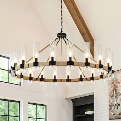 Modern Rustic Wagon Wheel Chandelier with Clear Glass Shades & Hemp Rope Accents
