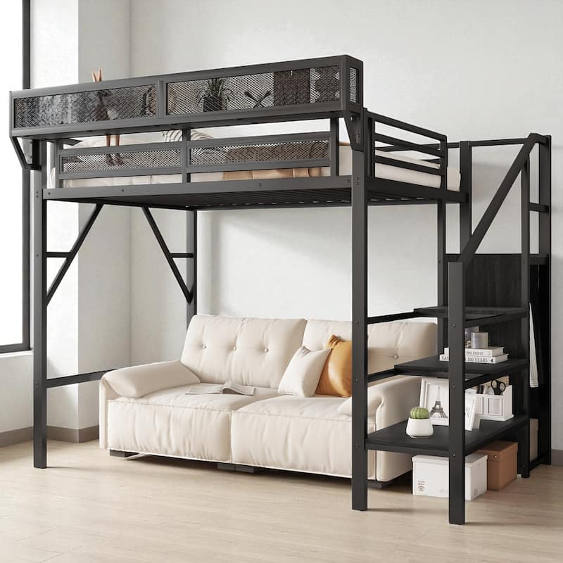Twin Size Loft Bed with Stairs and Storage Shelves, Metal High Loft Bed with Wardrobe for Kids and Teens - Black - Twin