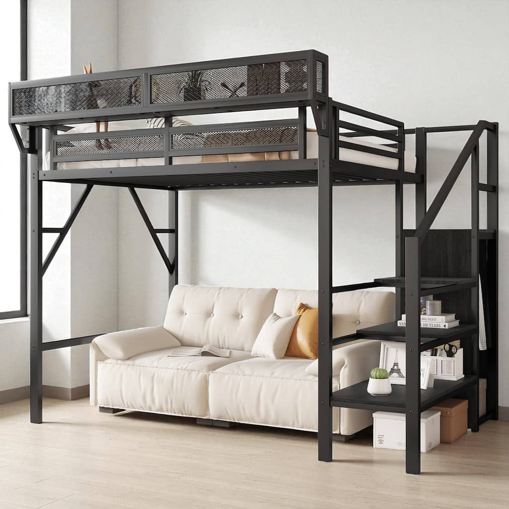 Twin Size Loft Bed with Stairs and Storage Shelves, Metal High Loft Bed with Wardrobe for Kids and Teens