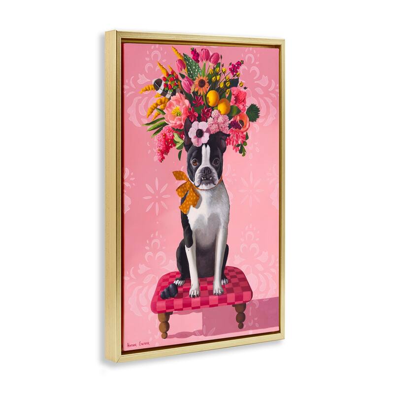 Stupell Bulldog & Pink Bouquet Framed Floater Canvas Wall Art Design By Heather Gauthier