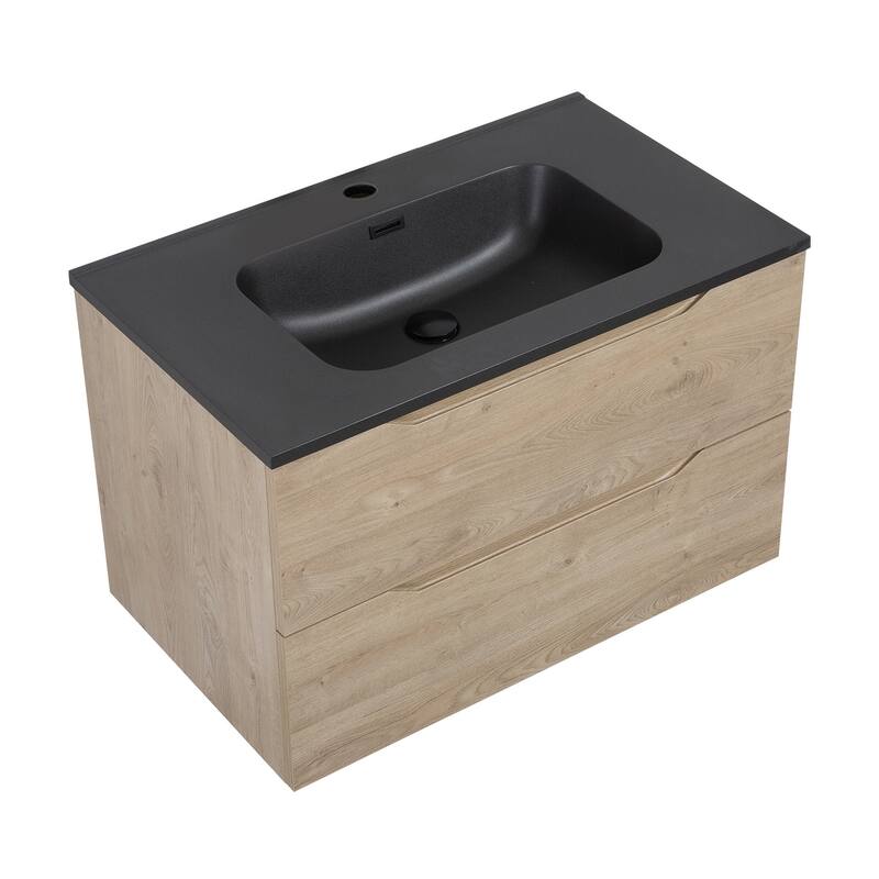 RupheonD 24"-48" Floating Bath Vanity in Evita Oak with Black Quartz Top - 32 in.Vanity