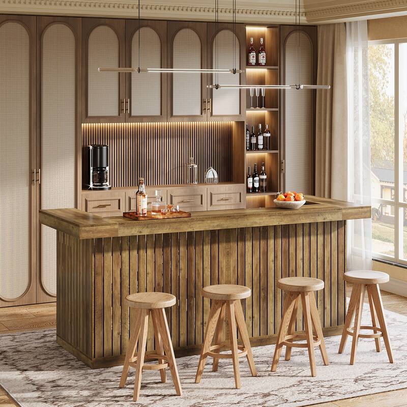 Home Bar Unit, Corner Liquor Bar Table with Storage Shelves & Wine Glass Holder, Pub Reception Accent Cabinet Desk