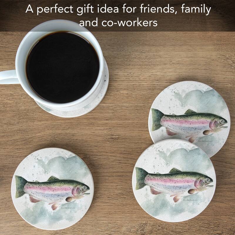 Rainbow Trout 4 Pack Round Natural Sandstone Coasters with Protective Cork Backing Manufactured in The USA