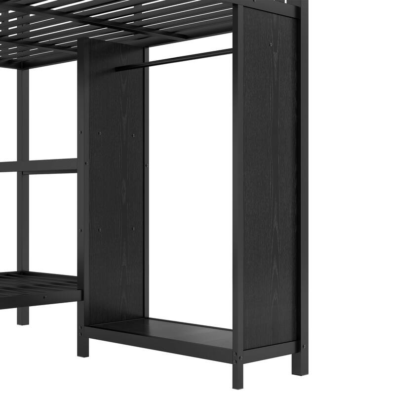 Metal Bunk Bed with Built-in Wardrobe and Foldable Desk, King over Twin XL, Black
