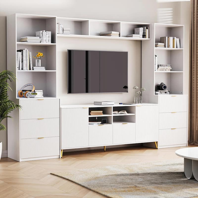4-Piece Entertainment Wall Unit with 13 Shelves, 8 Drawers, and 2 Cabinets - White