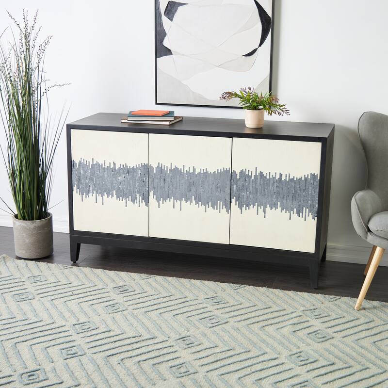 Brown or Black Mango Wood 3 Door and 3 Shelf Abstract Media Credenza Sideboard with White Front and Striped Pattern
