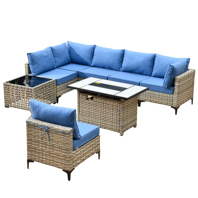 XIZZI 8-Piece Outdoor Wicker Furniture Sectional Set with Firepit