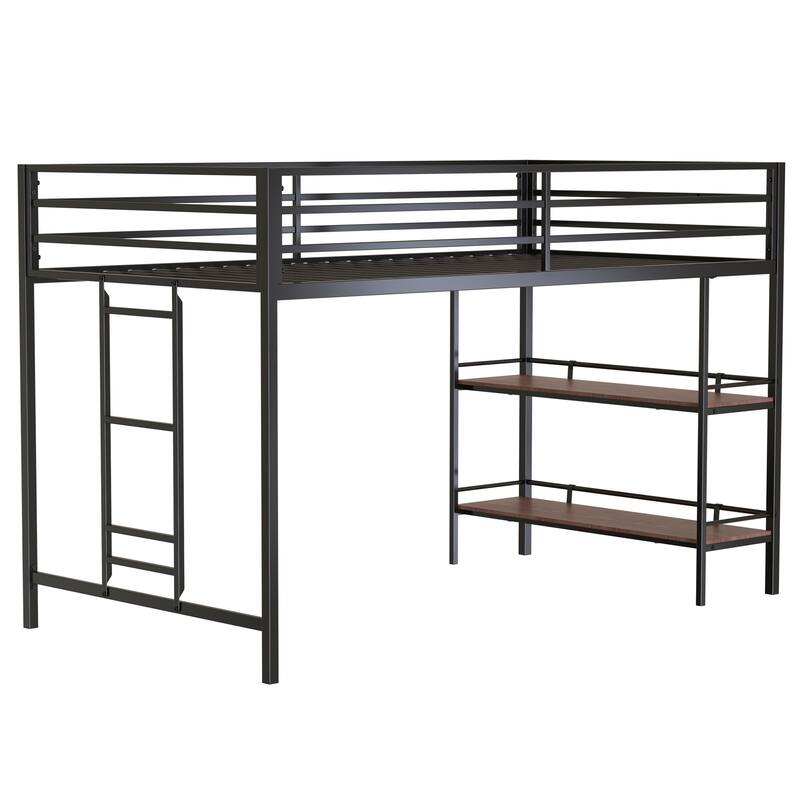 twin loft bed black with Cinnamon wood shelf for , space saving, Loft Bed with easy climbing Ladder and Guardrails