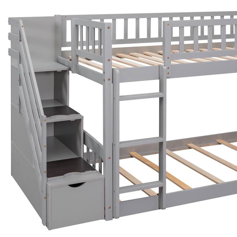 Wooden Twin Over Twin Bunk Bed with Slide, Ladder and Storage Stairs