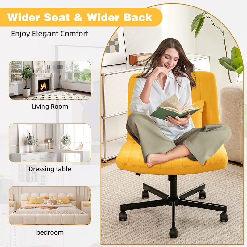 Criss Cross Chair with Wheels, Adjustable Armless Swivel Rolling Chair, Linen Upholstered Office Chair with Lumbar Pillow