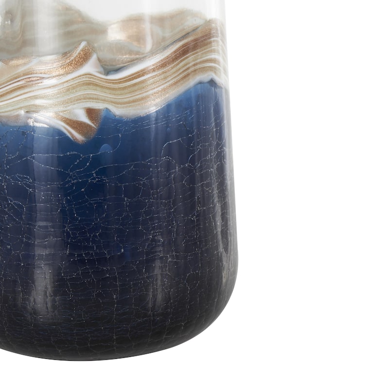 Glass Abstract Textured Swirl Decorative Vase with Gold and Cream Accents - Set of 2 Dark Blue - Roche River Decor