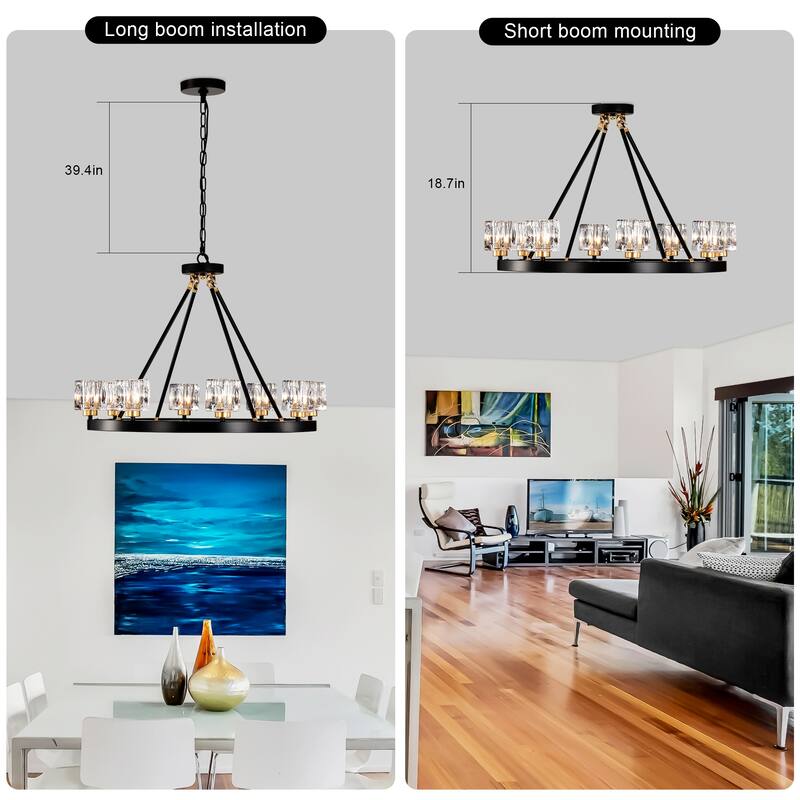 Farmhouse Modern Small Crystal Round Ceiling Light Wagon Wheel Chandelier, for Living Room, Kitchen Island, Dining Room
