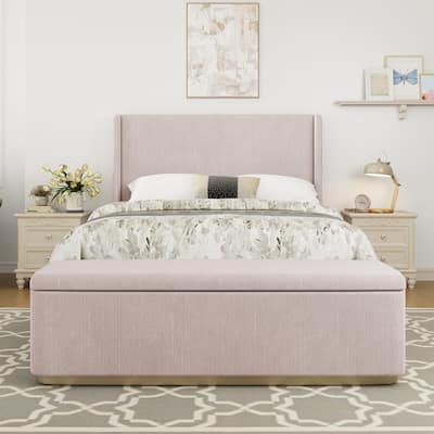 Queen Size Corduroy Upholstered Bed Frame with 130L Storage Ottoman, and Vertical Stripe Wingback Headboard and High Footboard