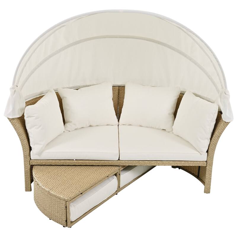 Beige Wicker Rattan Outdoor Patio Double Daybed with Retractable Canopy and 4 Pillows, Convertible Loveseat/Sofa Set