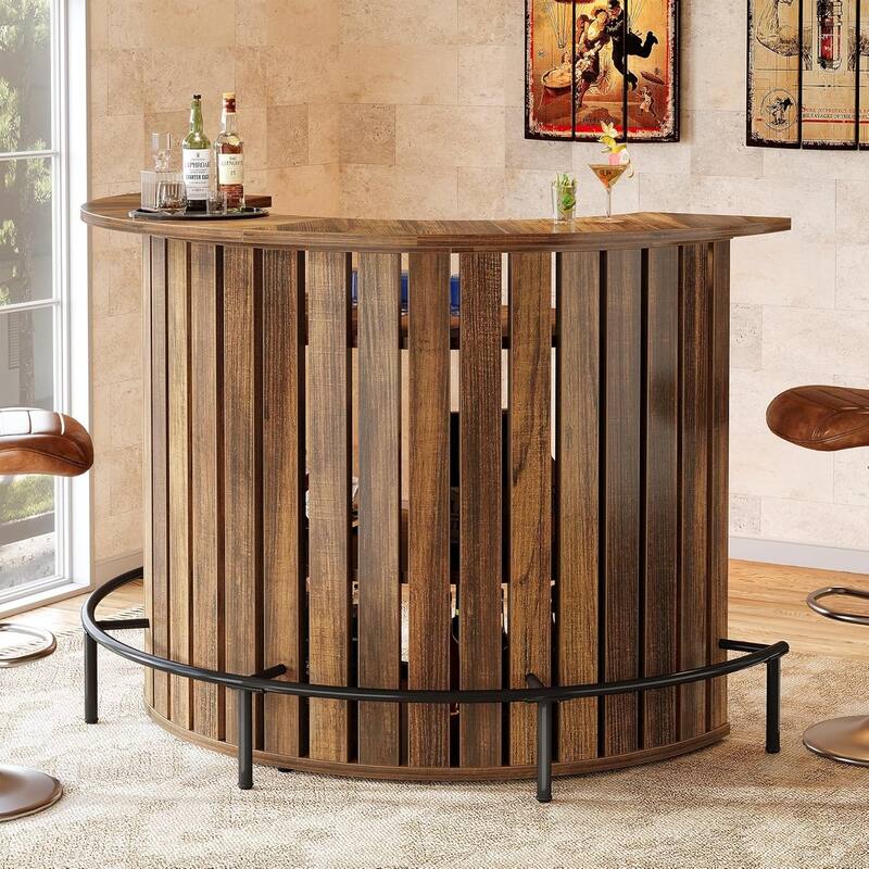 39.4” H Brown Engineered Wood Bar Table with Footrest, 4-Tier Arc-Shaped Home Bar Unit