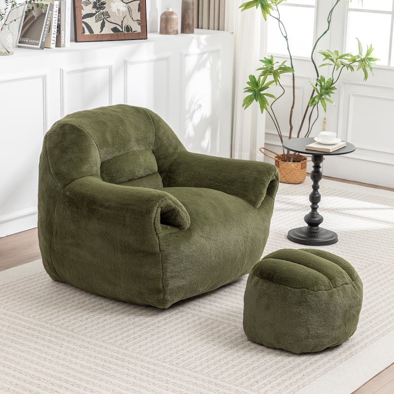 Comfy Bean Bag Sofa With Back Support, With Footstool,Faux Fur Bean Bag Chair For Adults And Kids