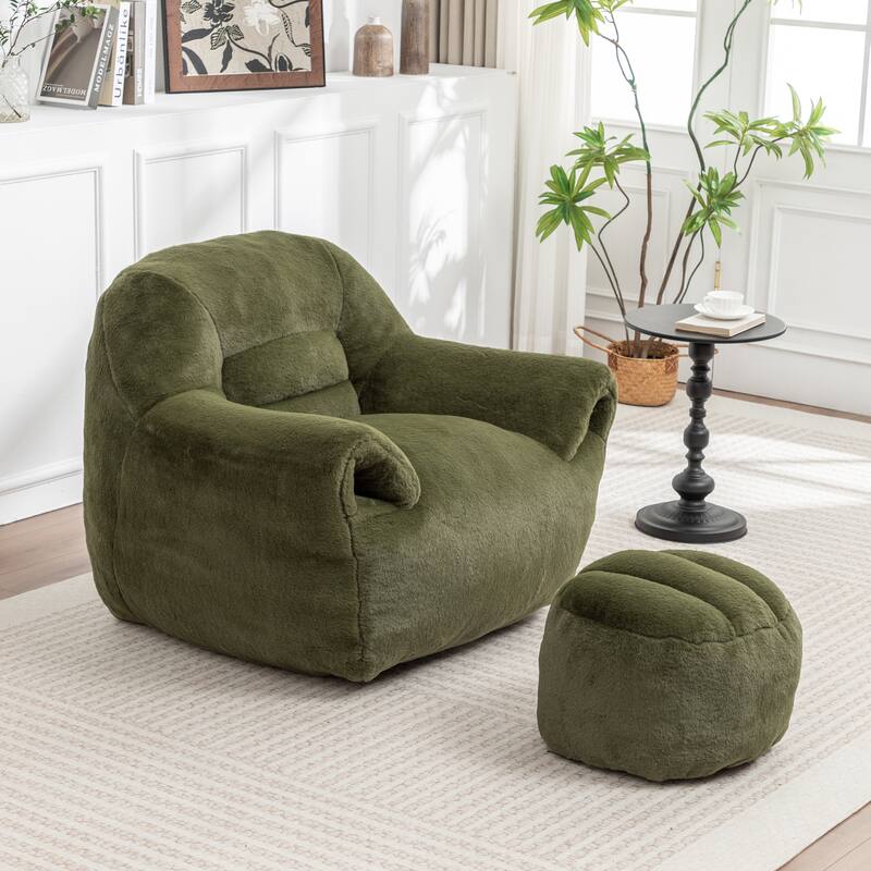 Faux Fur Bean Bag Chair with Back Support & Footstool - Comfy Floor Sofa for Adults & Kids, Living Room, Bedroom (2 Options)