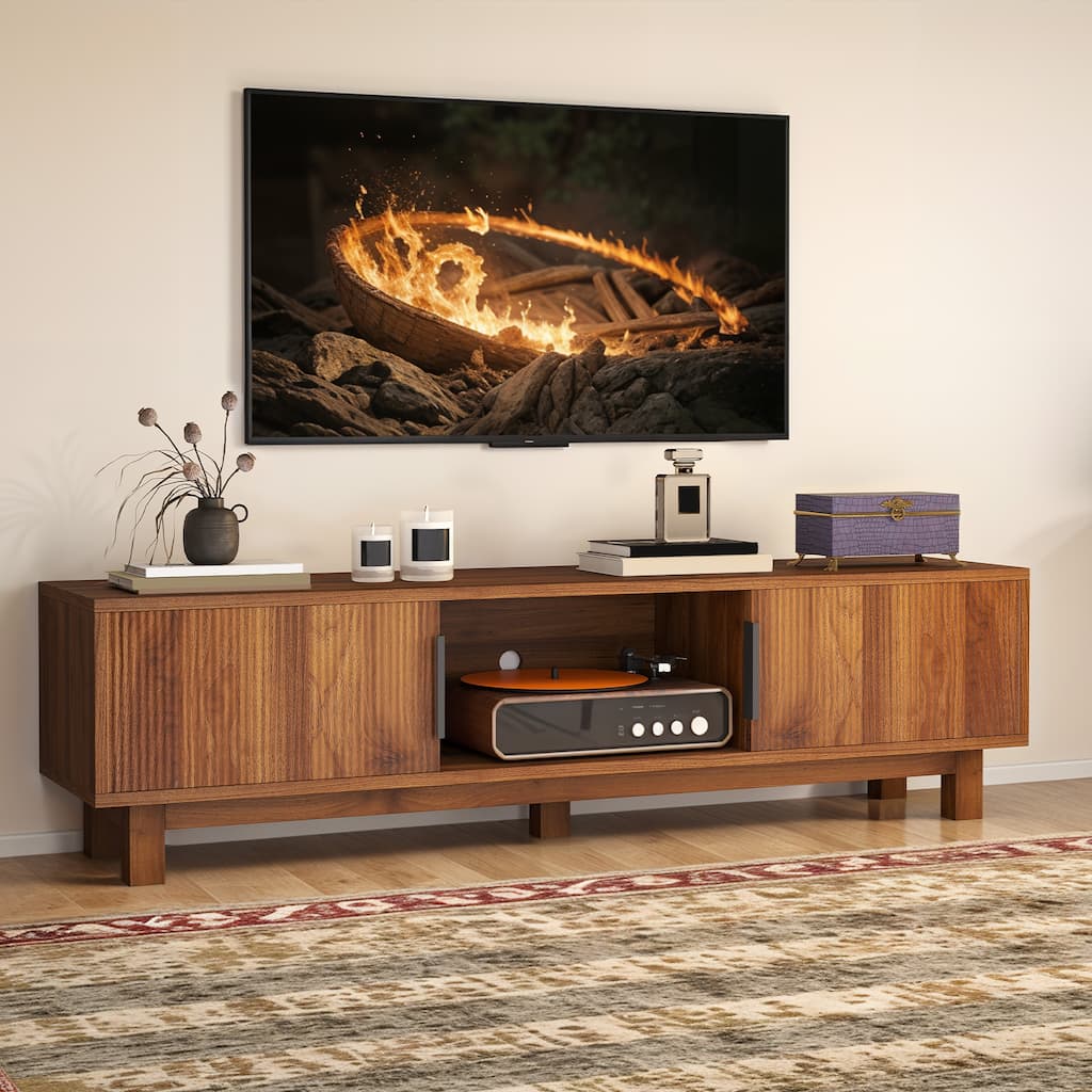 59"W Fluted TV Stands for TVs up to 65 Inches, Entertainment Center with Power Outlets