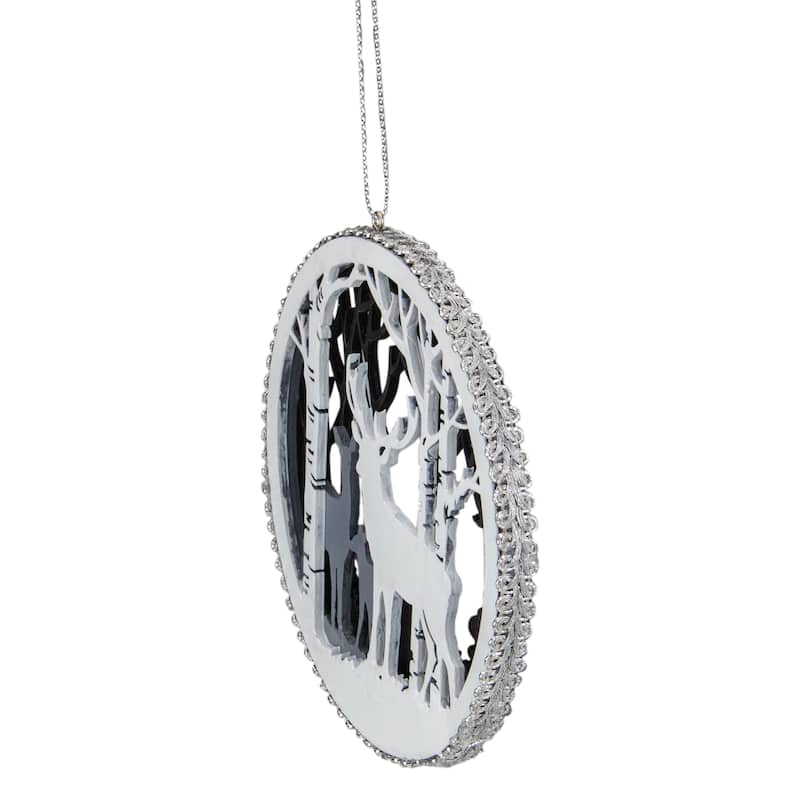 Reindeer with Forest Christmas Disc Ornament - 4.25" - Gray and White