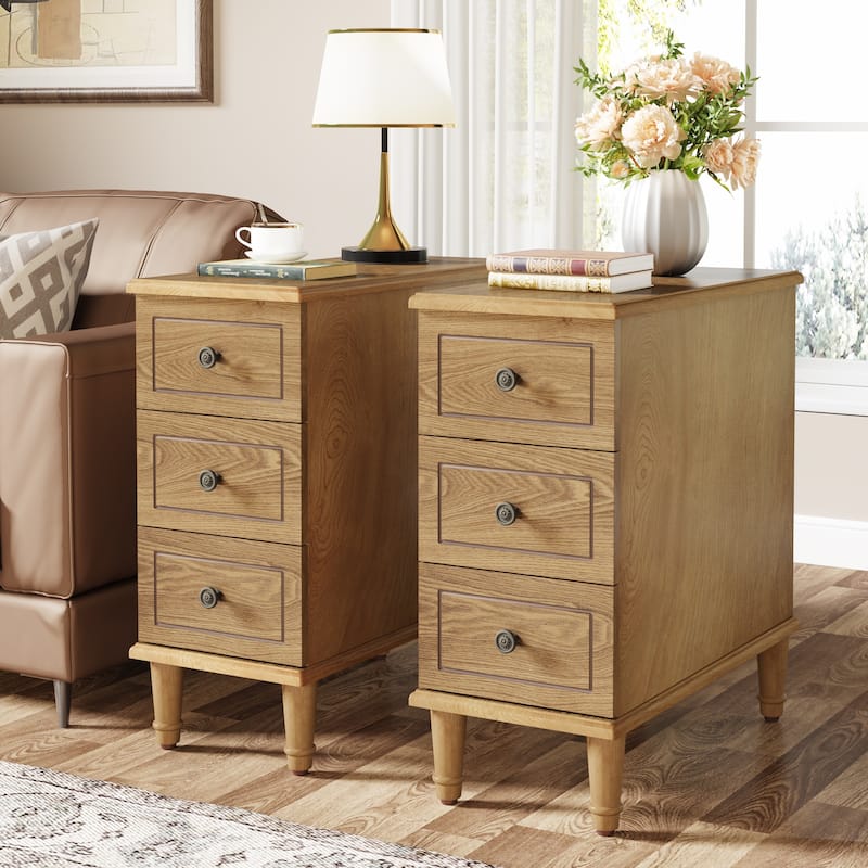 Solid Wood End Table with 3 Drawers, Fully Assembled Narrow Side Table - 2-Piece (Light Brown)