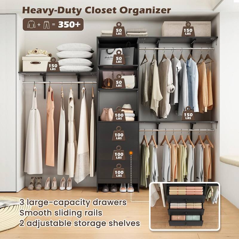 High-Capacity Closet Organizer Wardrobe Rack with Drawers, Shelves & Expandable Hanging Rods (Fits 6-9 ft Spaces)