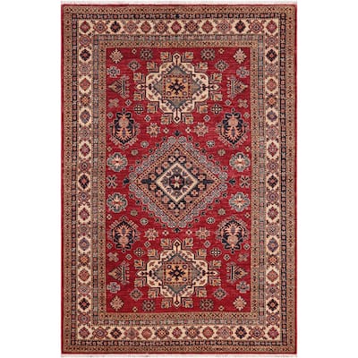 Caucasian Super Kazak Arlo Red/Beige Hand Knotted Wool Rug - 4'9'' x 6'8''