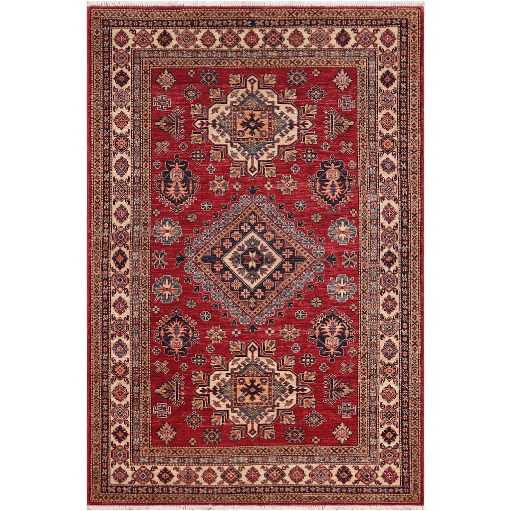 Caucasian Super Kazak Arlo Red/Beige Hand Knotted Wool Rug - 4'9'' x 6'8''