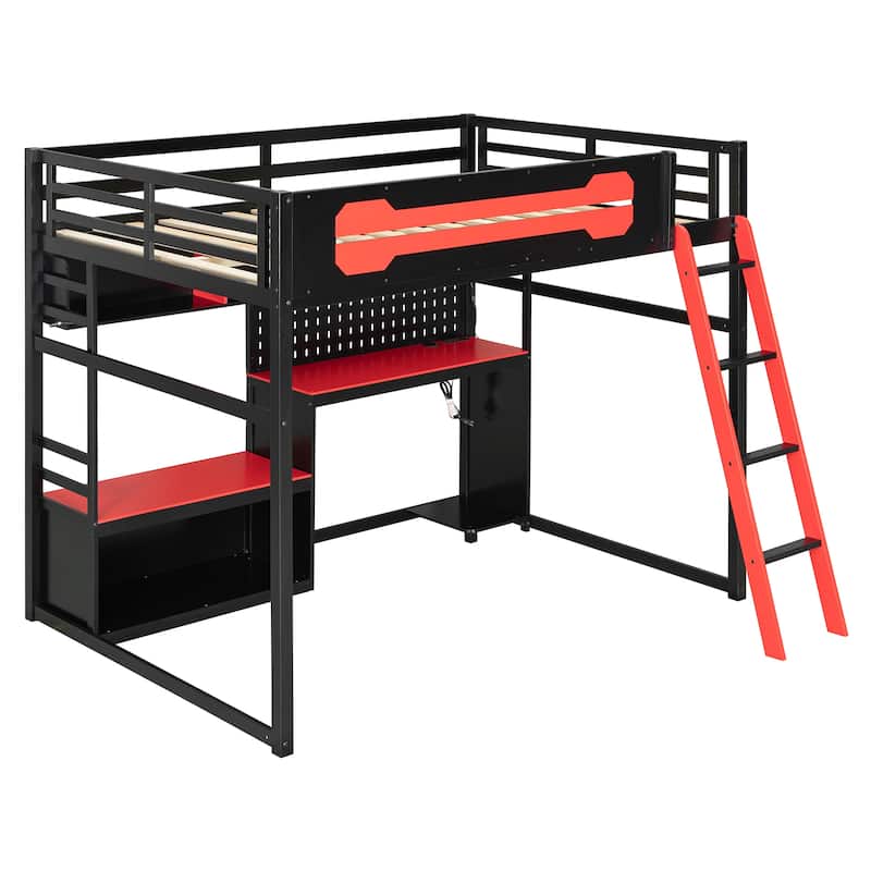 Gaming Loft Bed Full Size Wood Loft Bed with Pegboard PC Desk Computer Case Stand Charging Station LED Lights for Gamers