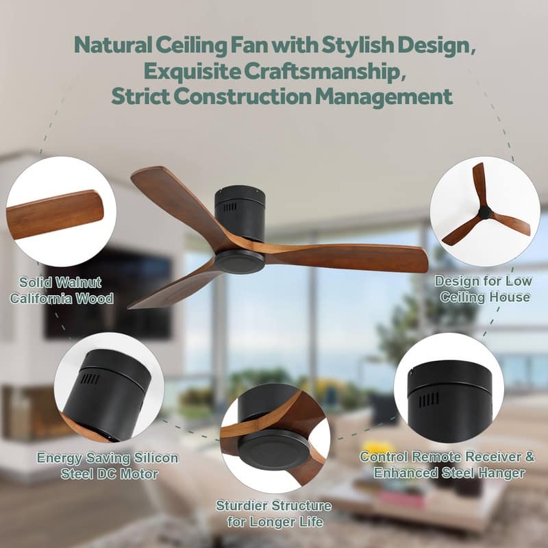 Sofucor 52 Inch Flush Mount Ceiling Fan with Remote, Reversible Motor,Integrated Light Optional