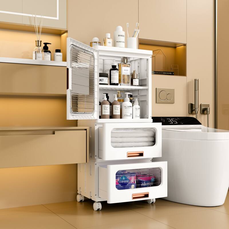 VECELO White Rolling Storage Cabinet with Transparent Doors Adjustable Shelves for Living Room Bedroom Bathroom Organization