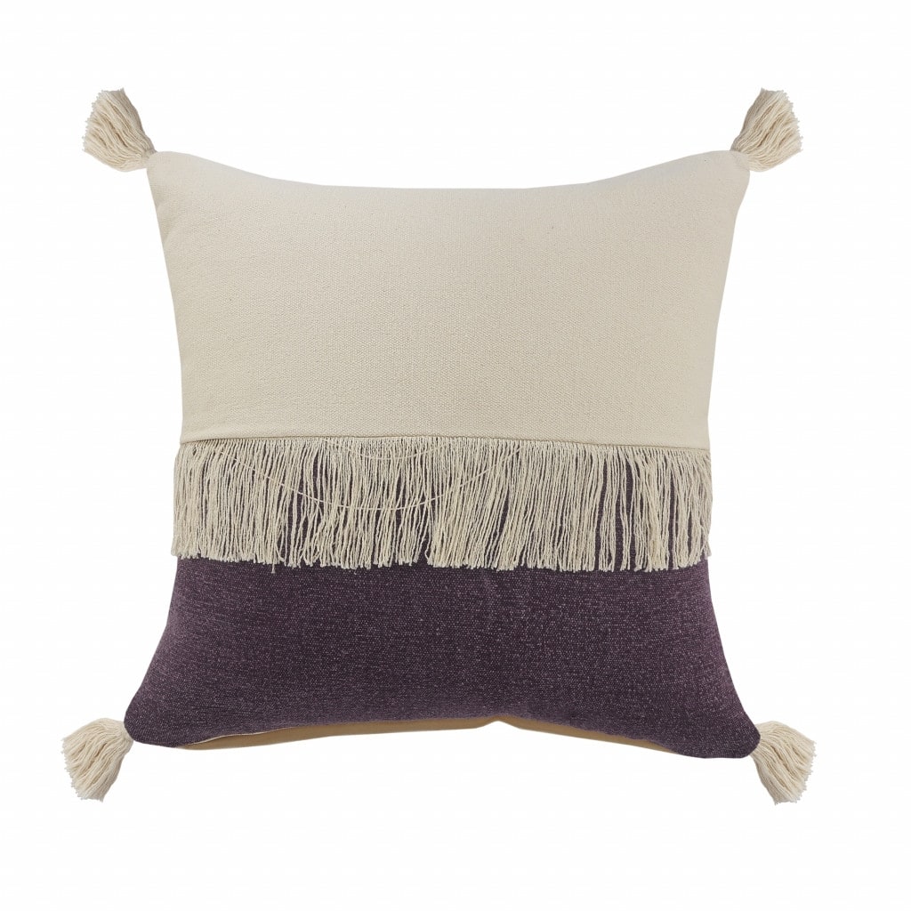 HomeRoots 20" X 20" Purple And Off-White 100% Cotton Zippered Pillow